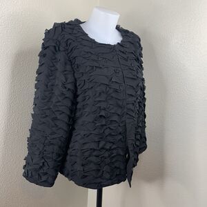 JOHN MARK Jacket Topper Women’s Sz L Black Ruffles 3 Clasp Texture Cardigan Top